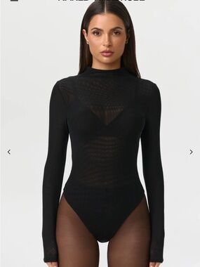 Naked Wardrobe Black Mesh Long Sleeve Bodysuit Sz M NWT Snatched Sheer Sexy